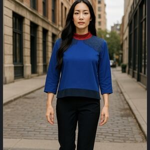 Paris Sunday Blue w/ Black Lace Accent Long Sleeve Top